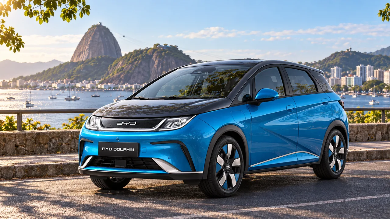 BYD Dolphin azul em cenário ilustrativo de Botafogo